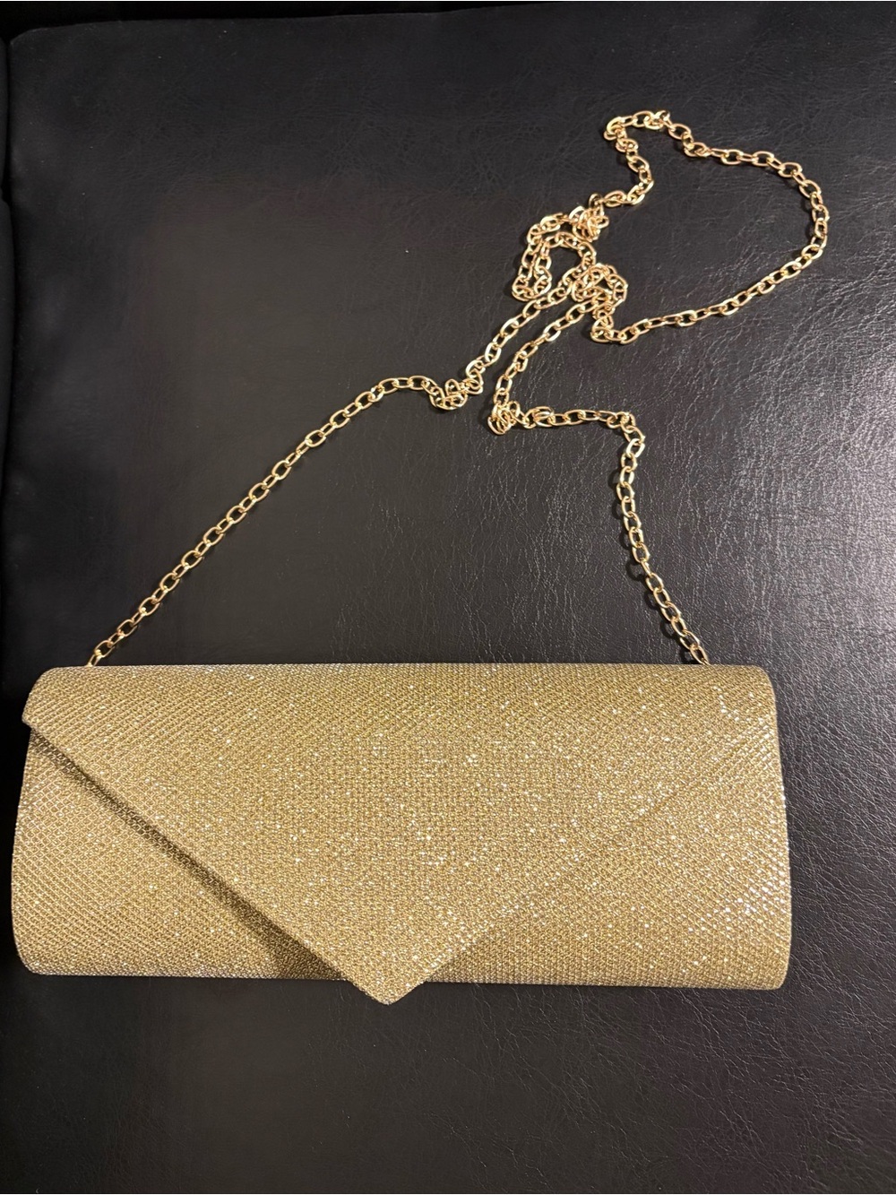 Gold Glitter Envelope Clutch with Chain Strap